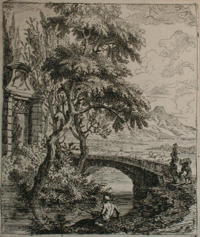 Joachim Franz Beich - Rybář u řeky s mostem a branou