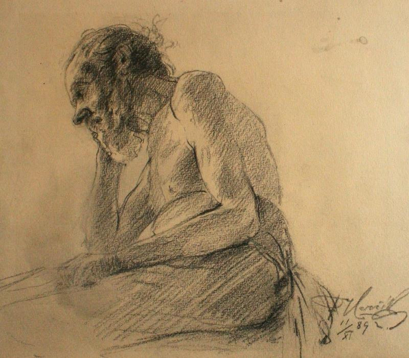 Ferdinand Herčík - Studie sedícího mužského poloaktu, z profilu doleva