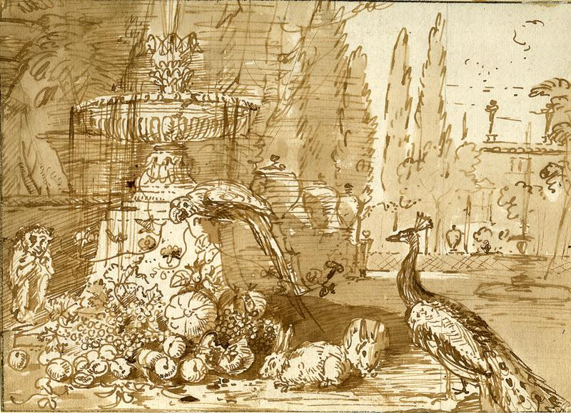 David de Coninck zv. Rammelaer - Zátiší s fontánou a pávem v zahradě