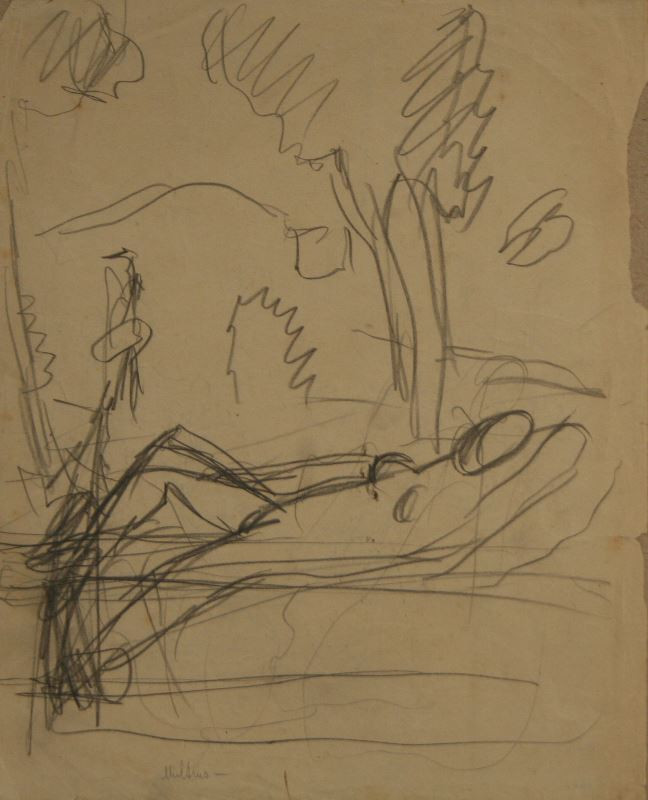 Josef Multrus - Akt ženy v krajině, Studie sedícího muže v klobouku