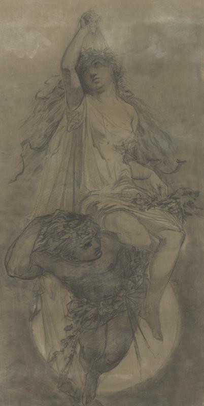 Alfons Mucha - Alegorická žeská postava (Flora?) nesená gigantem na zádech