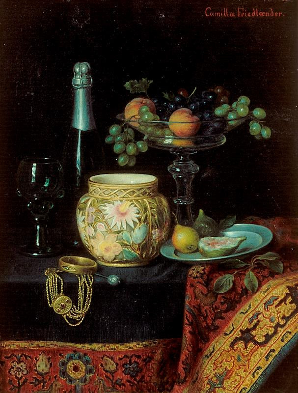 Camilla Friedländer von Mahlheim - Zátiší s lahví vína a ovocem