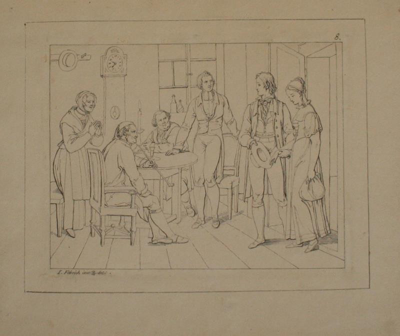 Josef Führich - Ilustrace ke Goethovu Hermannu a Dorothee. Hermann přivádí Dorotheu k rodičům