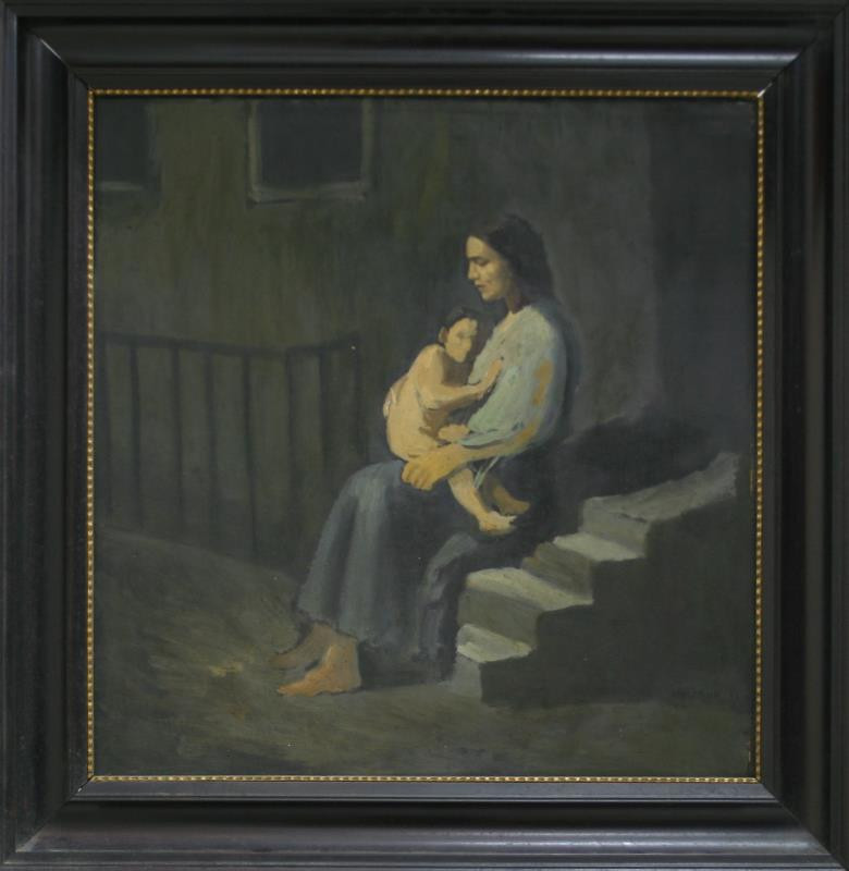 Josef Multrus - Žena s děckem sedící na schodech