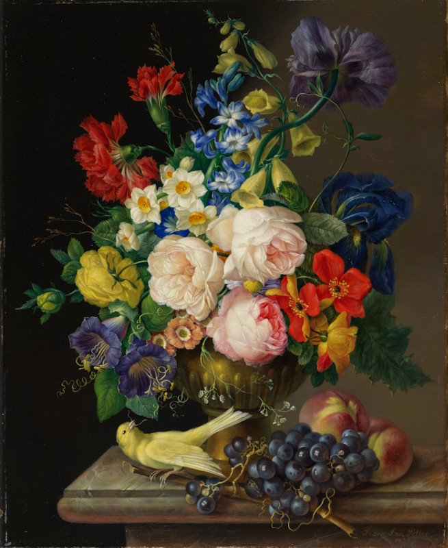 Franz Xaver Petter - Zatiší s květinami a kanárem