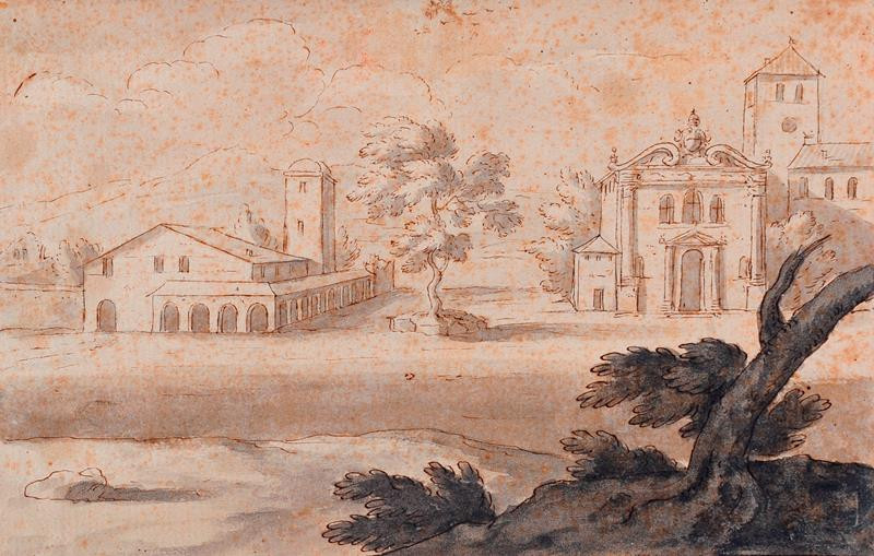 neznámý malíř italský - Krajina s klášterem a kostelem