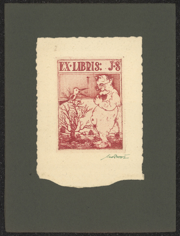 Leo Brož - Ex libris J.S. (Spěváček). in Groteskní ex-libris Leo Brože 1920-24