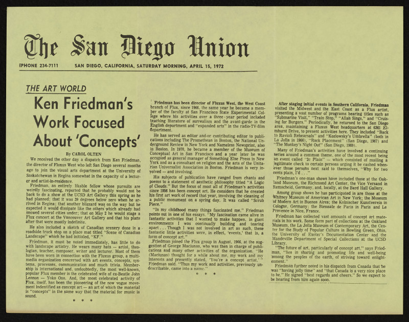 Ken Friedman - Ken Friedman's Work Focused About 'Concepts', The Art World, The San Diego Union, California, Saturday morning, April 15, 1972