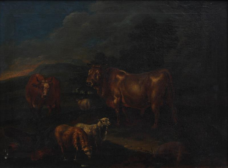neznámý malíř středoevropský / německý - Krajina s dobytkem v popředí (Býk, kráva s ovcemi)