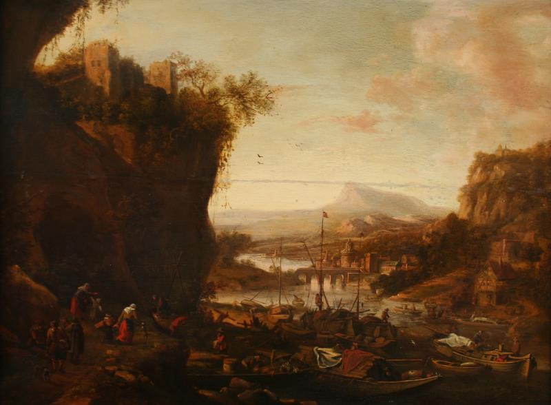 neznámý malíř nizozemský - Krajina se zříceninou hradu a vesnickým přístavem