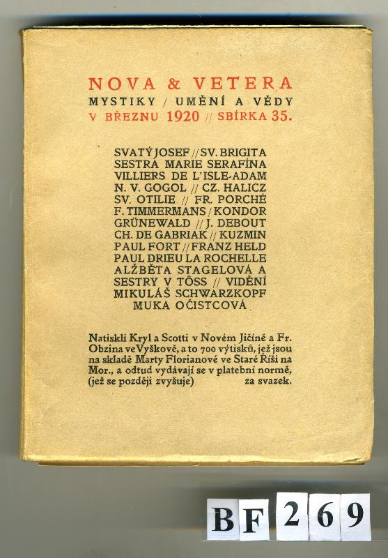 neurčený autor, Marta Florianová, Kryl & Scotti, František Obzina - Nova & vetera. Mystiky/umění a vědy v březnu 1920/sbírka 35.