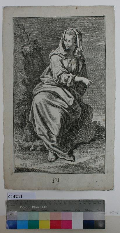 Martin Georg Preissler - Sedící  žena  s  rouškou  na  hlavě  v  krajině