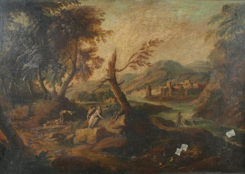 neznámý malíř - Krajina s řekou a městem (vlevo pastýřská idyla)