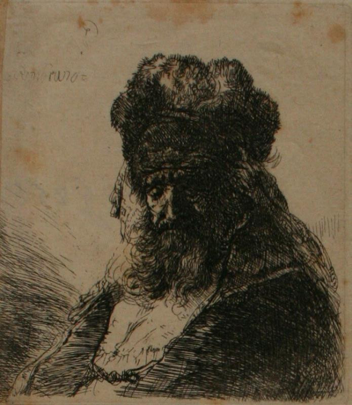 Rembrandt van Rijn - Muž ve vysoké kožešinové čepici, dívající se dolů