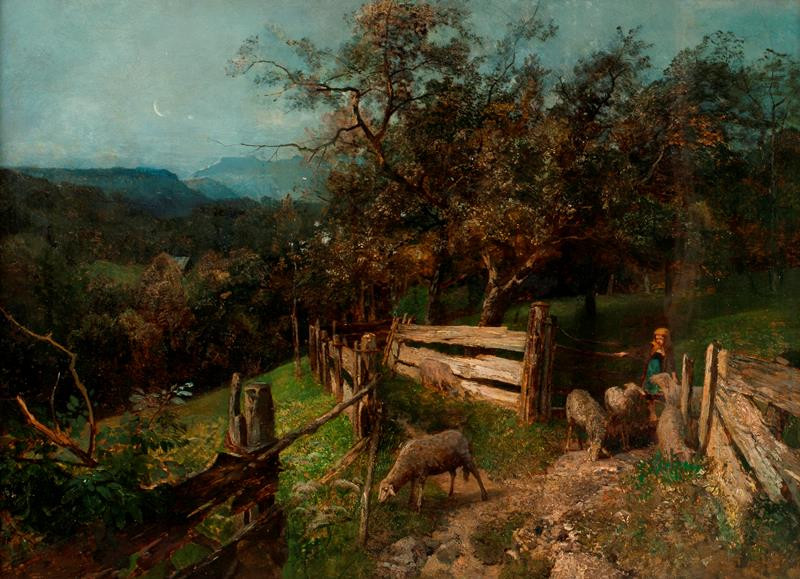 Emil Jakob Schindler - Plaňkový plot u selského stavení v Goisern(Děvčátko s ovcemi,Večerní krajina)