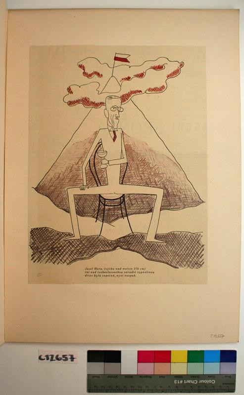 Adolf Hoffmeister - Soubor Česká satirická kresba: Josef Hora, (výška nad mořem 176 cm) ční nad československou národní vypnulinou dříve byla sopečná, nyní naopak