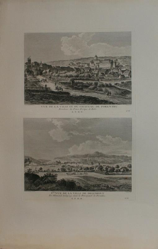 François-Dénis Née - Vue de la ville et du château de Porentru, ../ Iere vue de la ville de Delémont,...