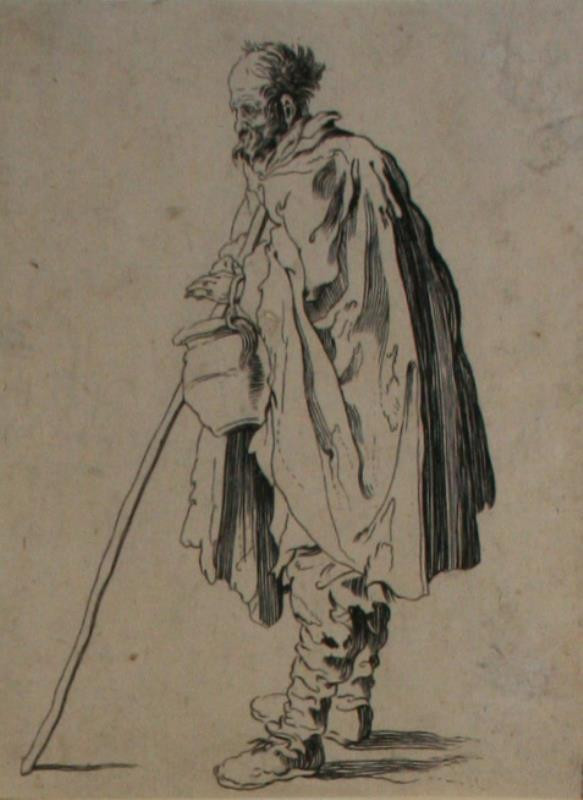 Jacques Callot - Žebráci: Žebrák se džbánem a holí