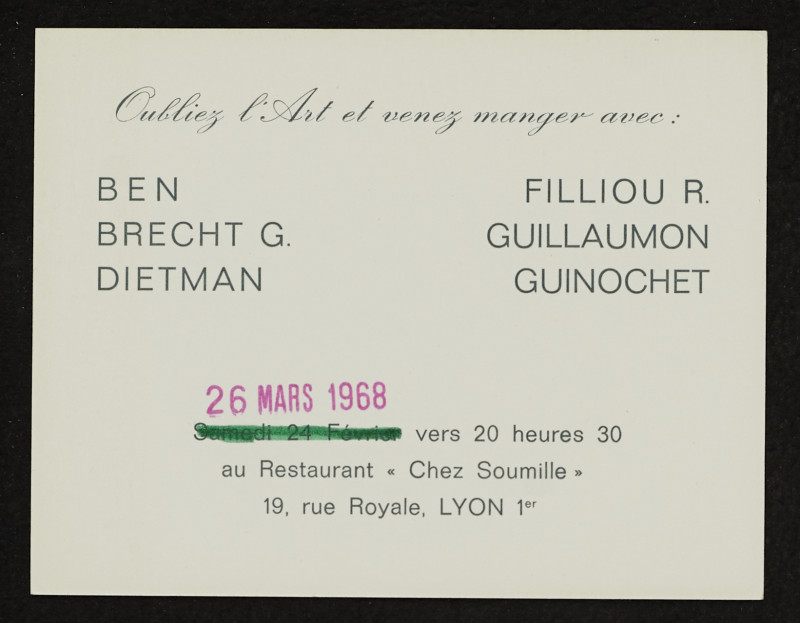 Benjamin Vautier - Oubliez l´Art et Venez Manger Avec Ben - Brecht G. - Dietman, Filliou R. - Guillaumon - Guinochet