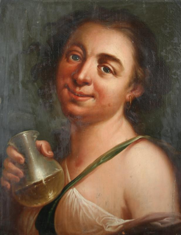 neznámý malíř středoevropský / německý - Bakchantka (Dívka s obnaženým ramanem, držící láhev s vínem)