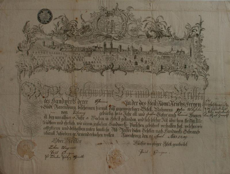 A. J. (Friedrich) Fridrich ml. - Ravensburg  -  záhlaví  tovaryšského  listu