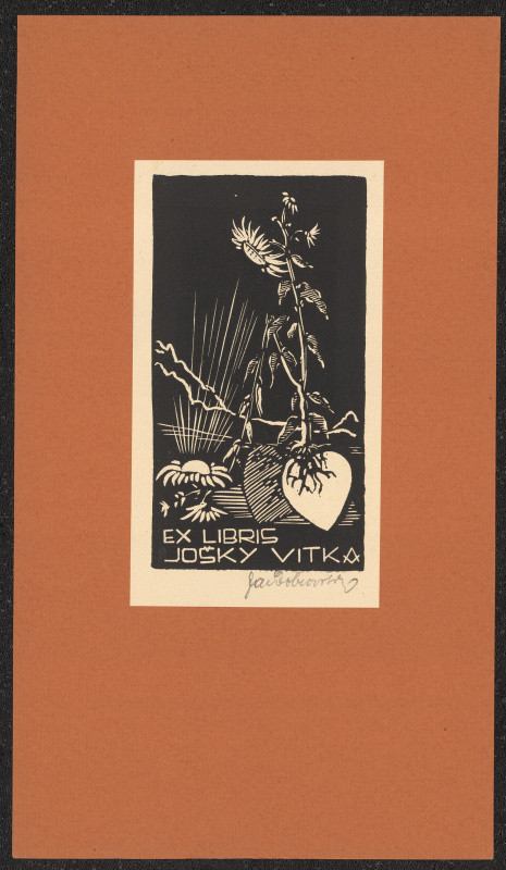 Jaroslav Dobrovolský - Ex libris Jošky Vitka, in Dobrovolský Jaroslav, Soubor knižních značek II. 12 původních dřevorytů. Břeclav 1929