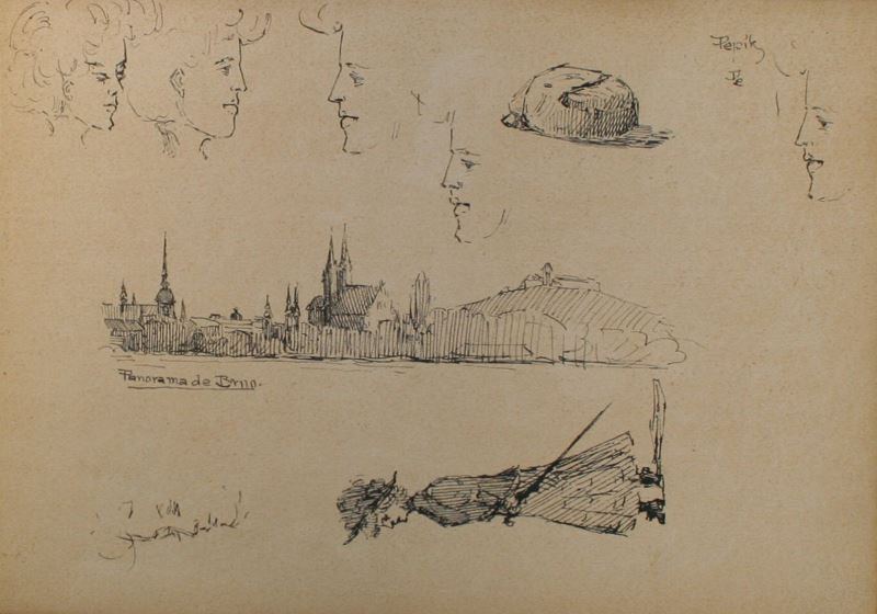Josef Šíma - List ze skicáku (panoráma Brna, studie hlav)