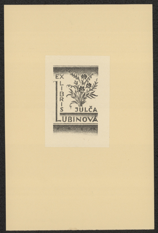 Rudolf (Ruda) Kubíček - Ex libris Julča Lubinová. in Ruda Kubíček, Druhý soubor ex libris. Litografie. Uherské Hradiště 1929