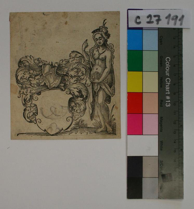 neznámý grafik rakouský - Erb s alegorickou postavou a ježkem; vz. Erb s vojákem