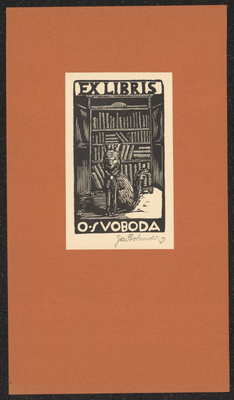 Jaroslav Dobrovolský - Ex libris O. Svoboda, in Dobrovolský Jaroslav, Soubor knižních značek II. 12 původních dřevorytů. Břeclav 1929