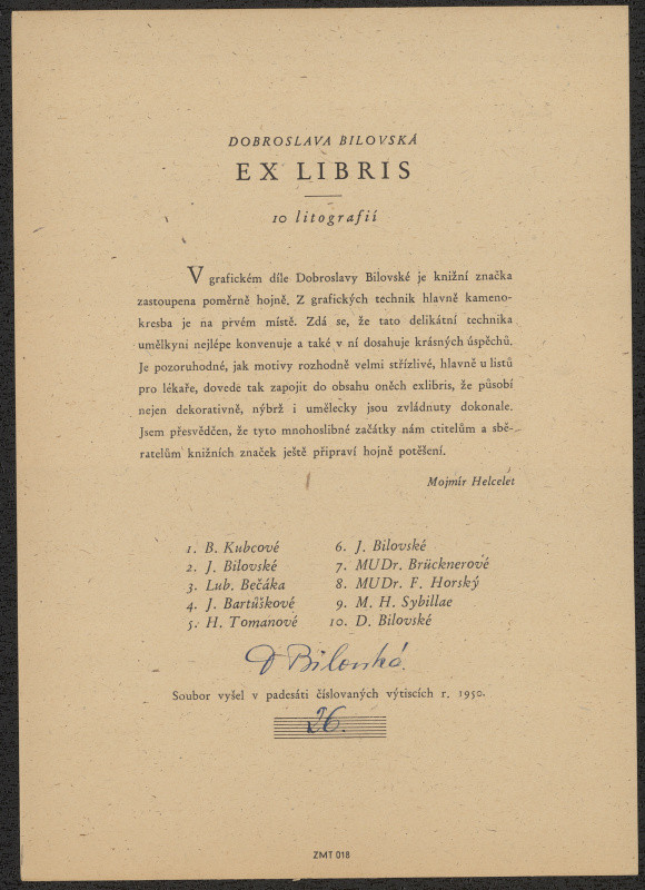 Dobroslava Bilovská - Ex libris J. Bilovské. in Exlibris 10 litografií