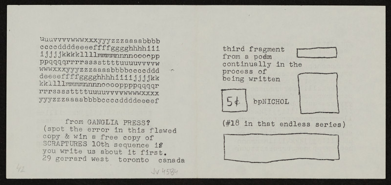 Barrie Phillip Nichol - Third Fragment From a Poem Continually in the Process of Being Written; 5 ? Mini Mimeo Series # 18, Ganglia Press Toronto Kanada