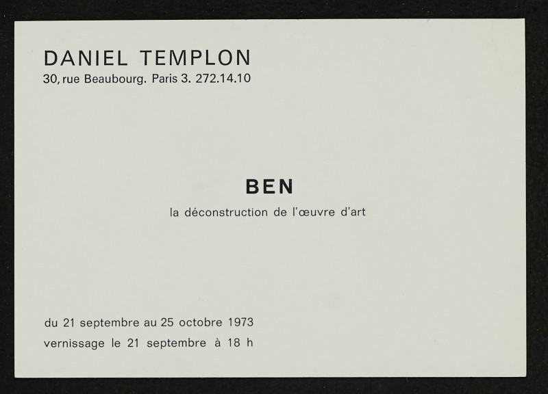 Benjamin Vautier - Ben la déconstruction de l´oeuvre d´art, pozvánka na výstavu v galerii Daniel Templon, Paříž Francie, 21. 9. - 25. 10. 1973