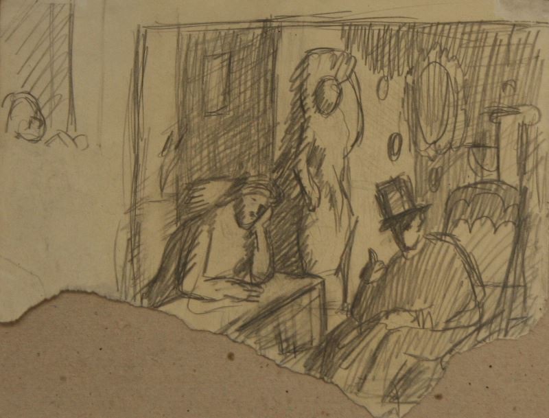 Josef Multrus - Ilustrace. Žena u stolu s květinami a mrtvým ptákem