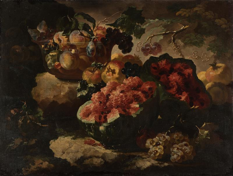 Giovanni Paolo Castelli zv. Spadino - Zátiší s melounem, hrozny, skleněnou mísou a ovocem