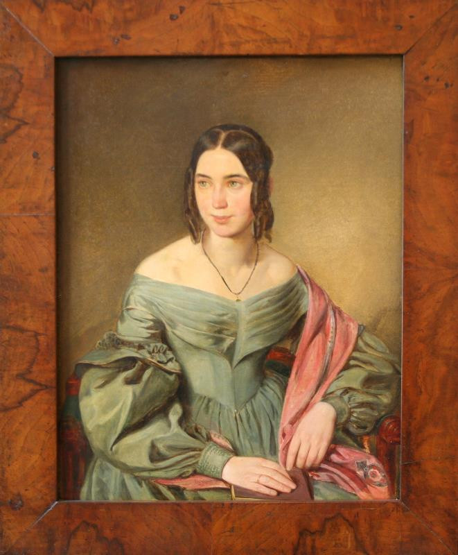Johann Batist Clarot - Portrét dívky v šedomodrém s růžovým šálem