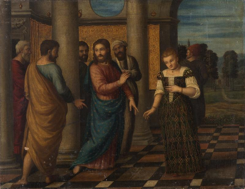 neznámý malíř italský - Cizoložnice před Kristem v sloupové síni