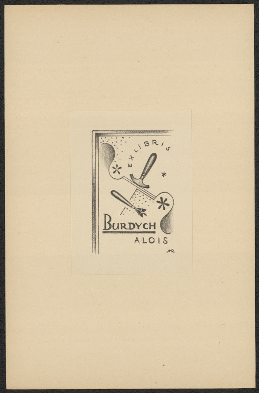 Rudolf (Ruda) Kubíček - Ex libris Burdych Alois. in Ruda Kubíček, Čtvrtý soubor exlibris. Uherské Hradiště 1935