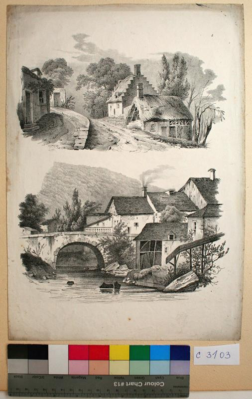 neznámý litograf - Cesta na vesnici (Krajina s řekou, mostem a domky)