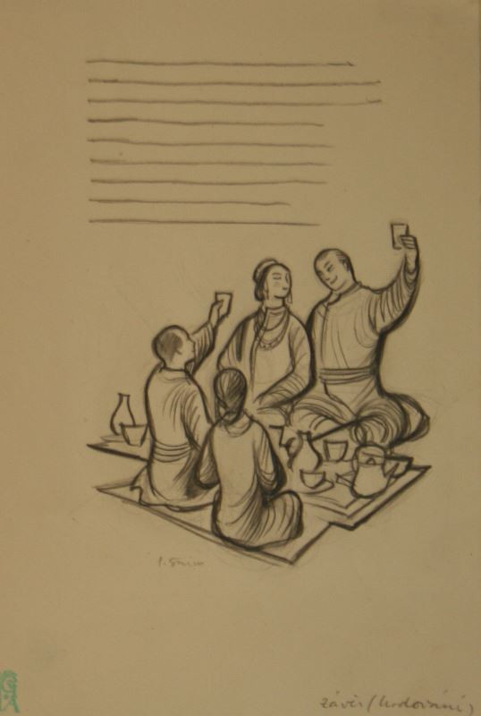 Pavel Šimon - Hodování (nepoužitá kresba) - z cyklu Nejlepší z mužů Dzáng - Dzalúdaj
