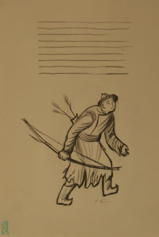 Pavel Šimon - Lukostřelec (nepoužitá kresba) - z cyklu Nejlepší z mužů Dzáng - Dzalúdaj