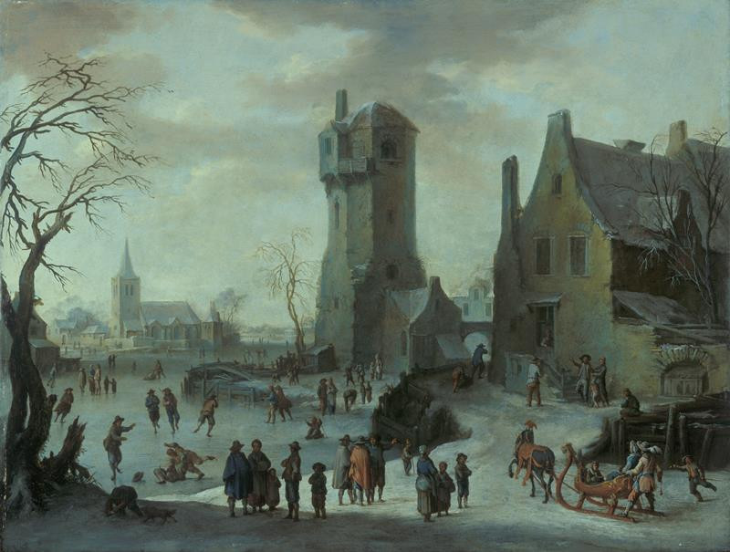 Franz de Paula Ferg - Zimní krajina s bruslaři, selským stavením a věží
