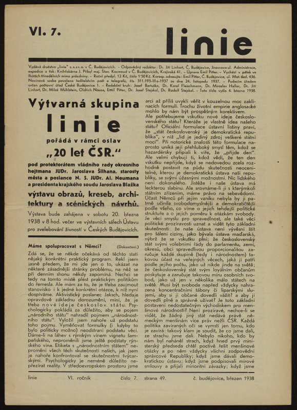Josef Bartuška - Linie,ročník VI, číslo 7., rok 1938