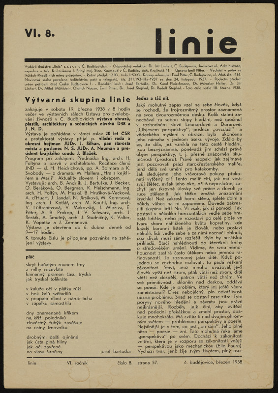 Josef Bartuška - Linie,ročník VI, číslo 8., rok 1938