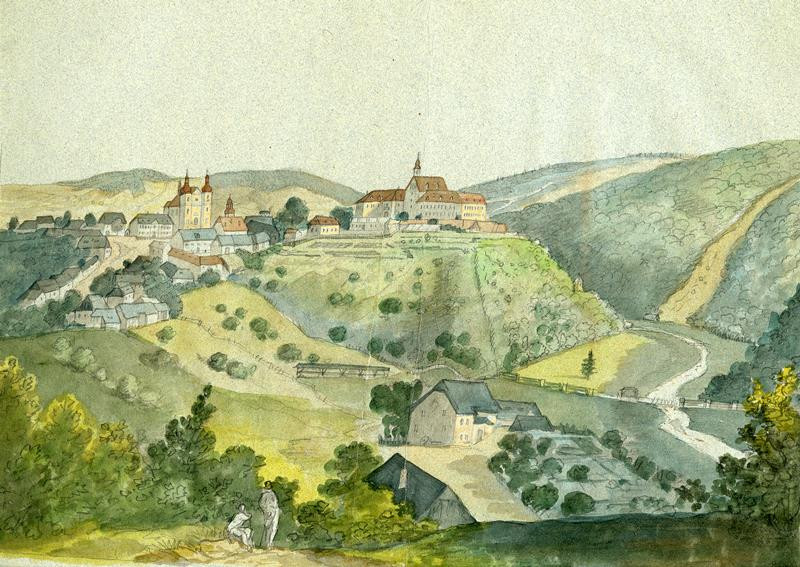 František (Franz) Richter - Pohled na zámek a kostel v Lomnici