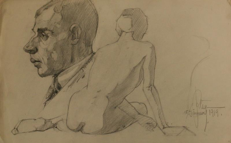 Rudolf Leger - Profil hlavy muže, akt ženy ze zadu