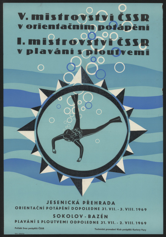 neznámý - V. mistrovství ČSSR v orientačním potápění. I. mistrovství ČSSR v plavání s ploutvemi. Jesenická přehrada, Sokolov bazén 1969