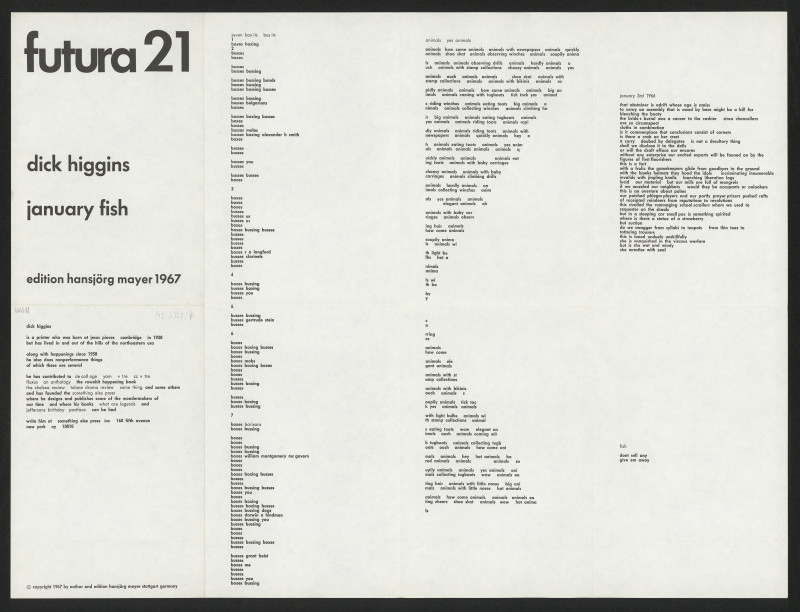 Dick Higgins - January Fish, Futura 21 edition Hansjörg Mayer, Stuttgart, Germany (1-26)