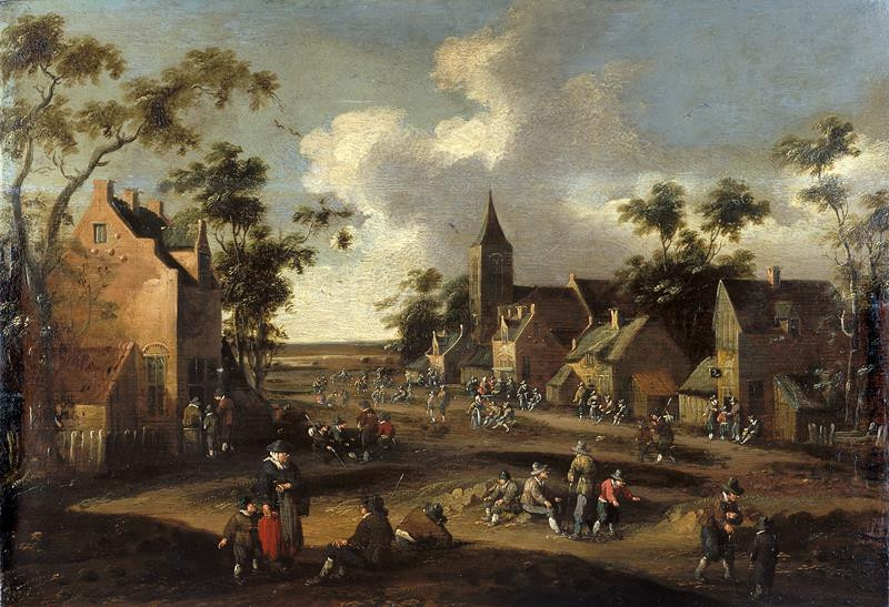 Cornelis Droochsloot - Vesnická náves s bohatou stafáží (Holandská krajina)