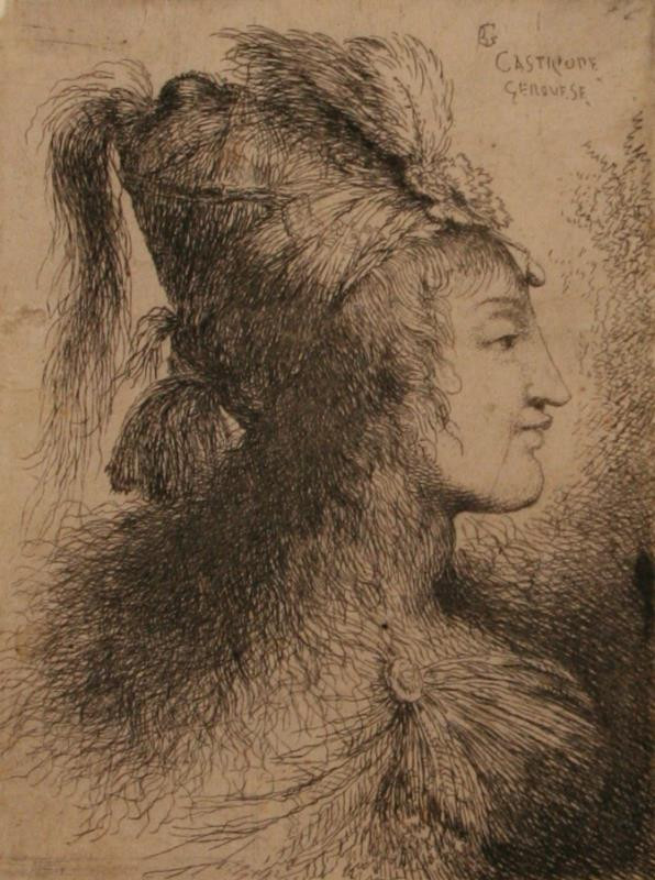 Giovanni Benedetto Castiglione zv. Il Grechetto - Hlava mladé ženy (?) v turbanu zdobeném péry, 16. List z cyklu Malé mužské hlavy s orientálními účesy
